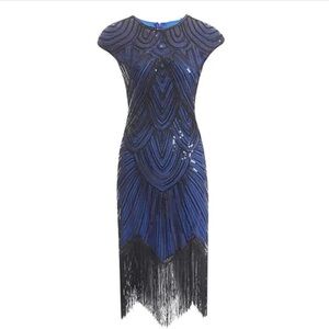 Elegant Blue and Black Midi Dress